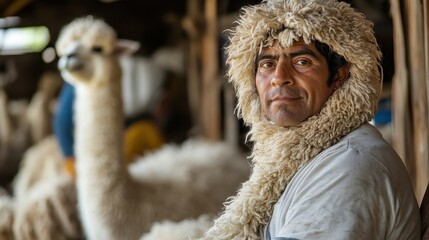 a man wearing a fur hood stands near an alpaca