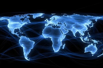 Wall Mural - Abstract blue glowing global network concept with light connections around the world on a dark background
