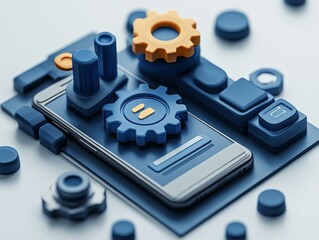 Abstract Tech Concept: Smartphone with Gears, Buttons and Blocks for UI/UX Design, Mobile Development, and App Optimization Visualizations.