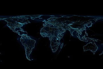 abstract blue glowing global network concept with light connections around the world on a dark backg