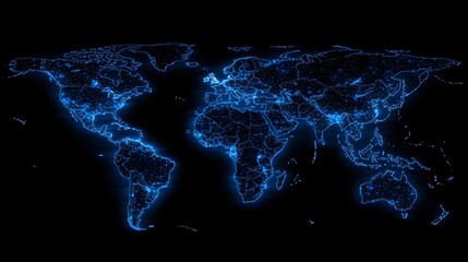 Wall Mural - Abstract blue glowing global network concept with light connections around the world on a dark background