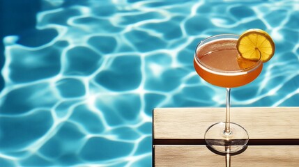 Wall Mural - refreshing summer cocktail with citrus garnish balanced on wooden poolside edge, reflecting vibrant 