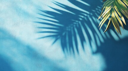 Wall Mural - tropical palm leaf casts ethereal blue shadow, creating a serene and minimalist composition that evo
