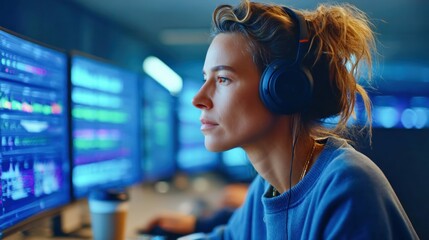 A focused woman wearing headphones looks at computer screens in a modern, blue-lit workspace environment.