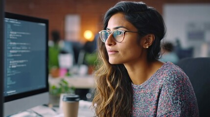 A focused young woman in glasses looks thoughtfully at a computer monitor, working in an office setting.