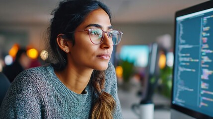 focused programmer wearing glasses working on a software project in front of a computer screen.