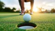 © NovaVision - A golfer is about to putt a golf ball into the hole on a sunny golf course.
