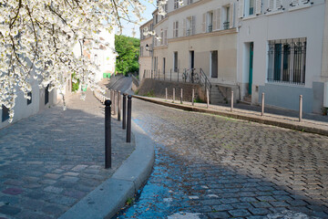 Wall Mural - view of narrow street in quarter montmartre in paris, france. cozy cityscape of paris at summer. arc