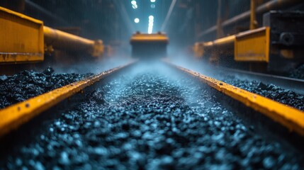 Fototapete - Coal extraction is in progress within an underground mining site, highlighting the specialized machinery transporting coal along yellow rail tracks amidst mist and low light conditions.