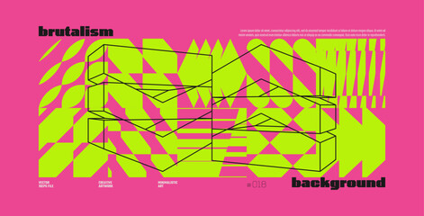 Fototapete - Brutalism abstract vector magenta color background with Postmodern geometric graphic shapes in Y2K aesthetics, trendy colorful modernism artwork banner, various brutal form and line elements