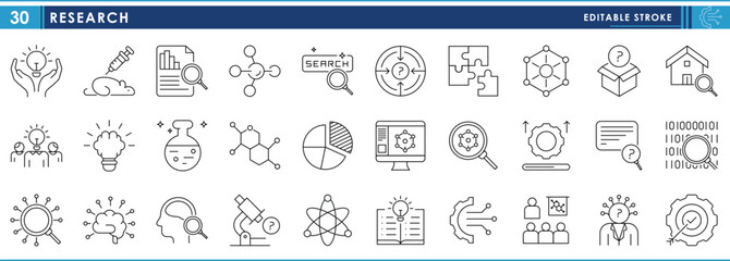 a set of line icons related to research. search, test, lab, scientist, digital, brain, lens, compute