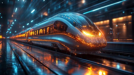 Leinwandbilder - A sleek smart train glides along illuminated tracks in a vibrant urban setting while rain softly falls, showcasing advanced automation and innovative transportation solutions for modern mobility.