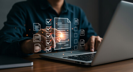 a person using a laptop with digital document and checklist icons hovering above the keyboard area