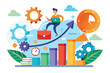 © Tanu - Illustration of a businessman on an upward arrow for growth and progress, surrounded by gears for efficiency and a time clock for time management.