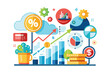 © Tanu - An illustration shows financial success with charts, graphs, icons, and symbols representing percentages, profits, investments, and progress.