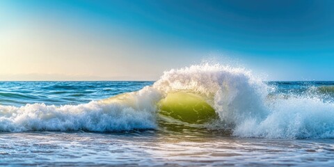 Wall Mural - Vibrant ocean wave crashing on sunny beach at sunset