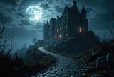 A mysterious castle illuminated by moonlight on a foggy night
