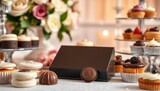 ⁨Realistic photograph, chocolate box, dessert table, wedding reception. An elegant chocolate box mockup is displayed among an array of delectable desserts on a wedding dessert table. 