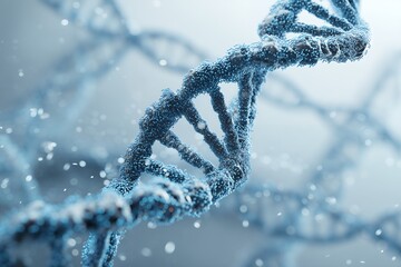 close-up of a detailed 3d rendered dna strand, shimmering with a cool blue hue against a soft, light