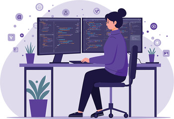 Code Wizard at Work: A modern illustration captures a coder intensely focused on her work, with vibrant graphics highlighting the tools of her trade.