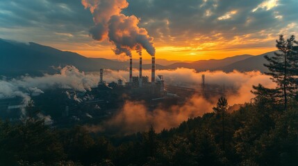 Aufkleber - A powerplant operates in a mountainous region at sunset, with smoke billowing from tall chimneys amidst fog. The landscape features trees framing the industrial site.