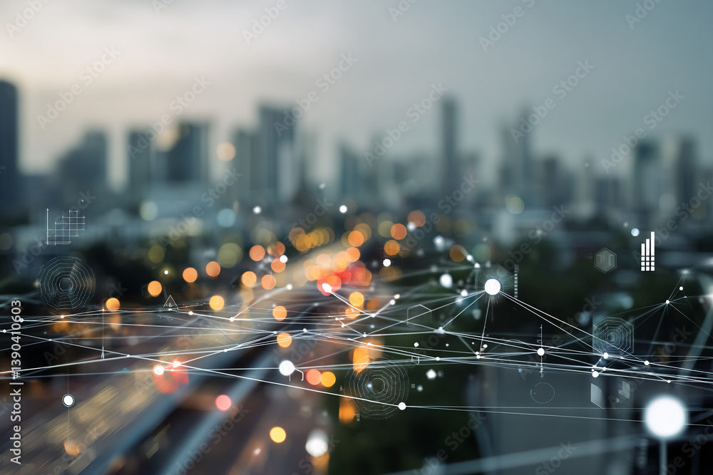 Superimposed Network Blurred cityscape at night with superimposed network graphic ...