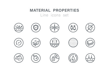 Set of various icons and pictograms on material properties theme. Fabric, textile and retail signs. Simple line icons collection. Editable Stroke.