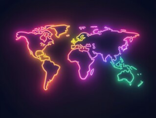 Wall Mural - neon glowing world map with borders on dark background, digital illustration