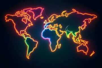 neon glowing world map with borders on dark background, digital illustration