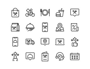 food delivery vector icon set | adjustable line weight | shopping bag, bicycle delivery, dining, tak