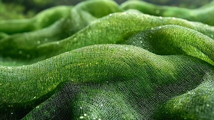 Lush green fabric with dew drops, textured and flowing