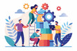 © Tanu - A diverse group of individuals collaborates enthusiastically, stacking colorful blocks and gears while using a ladder in a bright, modern workspace filled with greenery.