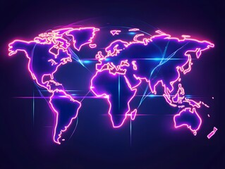 Wall Mural - neon glowing world map with borders on dark background, digital illustration