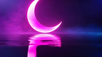 Wall Mural - Glowing crescent moon reflected in still water, neon lights