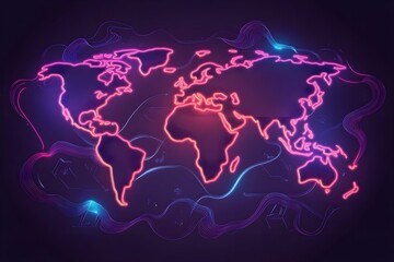 Wall Mural - neon glowing world map with borders on dark background, digital illustration