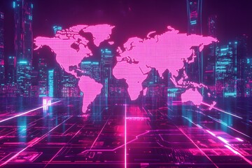 Wall Mural - neon glowing world map with borders on dark background, digital illustration