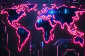 Wall Mural - neon glowing world map with borders on dark background, digital illustration