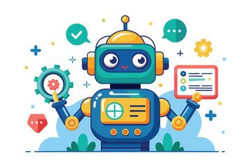 A cheerful cartoon robot holds a gear in one hand and a tablet displaying information in the other, surrounded by colorful digital icons and shapes.