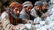 © Aris - Four men in traditional clothing work together, breaking apart large stones in a quarry.