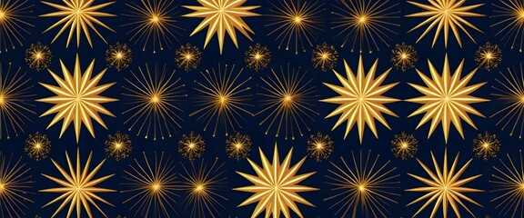 Fototapete - Golden Starbursts On Blue, Festive Sparkling Explosions. Celebratory Designs Shine Bright, Gold Textures Vary. Star Patterns Offer A Vibrant Backdrop. Use For Backgrounds, Banners, And Greeting Cards.