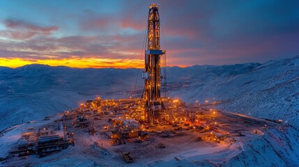 Poster - A large drilling rig illuminated against a twilight sky works on extracting petroleum in a snowy, mountainous area. Surrounding infrastructure supports the operation.