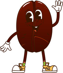 Aufkleber - Cartoon funny groovy coffee bean character. Isolated vector playful, roasted brown seed y2k personage showcasing cheerful energetic smile. Bean or nut with expressive eyes, retro gloves and sneakers