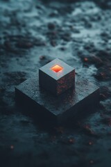 Leinwandbilder - Quantum Minimalism Glowing Geometric Cube in Dark Technological Landscape - Futuristic Digital Innovation and Immersive Design Visualization