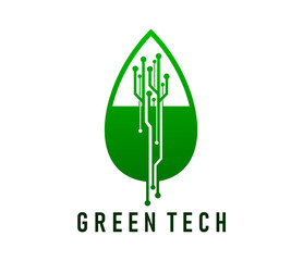 Leinwandbilder - Green tech icon of leaf with chipset for digital technology and eco innovation, vector emblem. Green technology icon of leaf with computer chip for digital farm or green power and biotechnology emblem