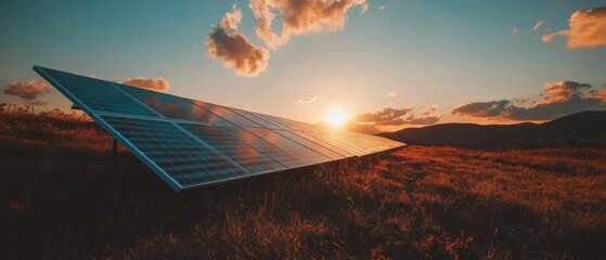 Poster - Sustainable Solar Innovation Next-Gen Renewable Energy Landscape Capturing Golden Hour Sunset Over Expansive Photovoltaic Panel Array in Pristine Natural Terrain