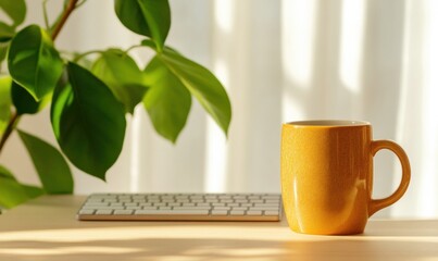 Poster - Minimalist Remote Work Haven Sunlit Scandinavian Home Office Sanctuary with Biophilic Design and Ergonomic Wellness Solutions for Modern Digital Professionals