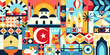 © Vector Tradition - Geometric Turkey pattern with turkish travel landmarks abstract graphic shapes. Vector Turkey tourism background of turkish flag, Istanbul mosque, Bosphorus bridge and coffee geometric shapes collage