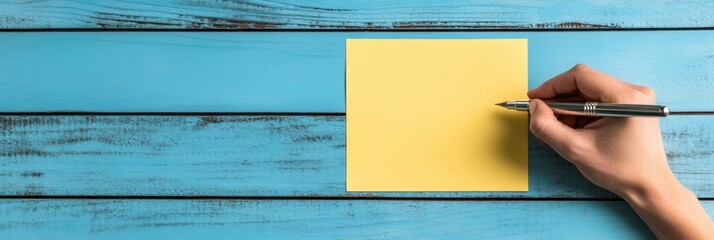 Aufkleber - Minimalist Goal-Setting Mockup 2025 Productivity Roadmap with Vibrant Yellow Notecard on Distressed Blue Woodgrain - Strategic Planning and Personal Development Visualization