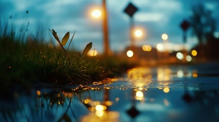 Aufkleber - Atmospheric Urban Twilight Cinematic Bokeh Landscape with Reflective Surfaces, Moody Environmental Design for Digital Creative Storytelling