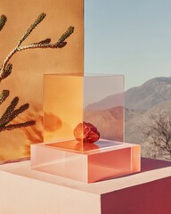 Poster - Transcendent Mineral Showcase Geometric Translucent Display Merging Desert Landscapes and Modern Minimalist Product with Elemental Design Aesthetic